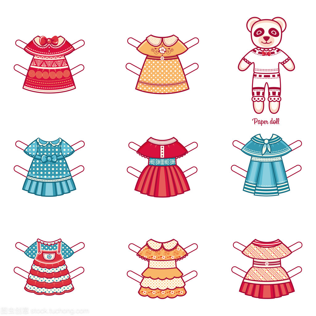 與一組時尚服裝的紙娃娃。白色背景上的矢量圖